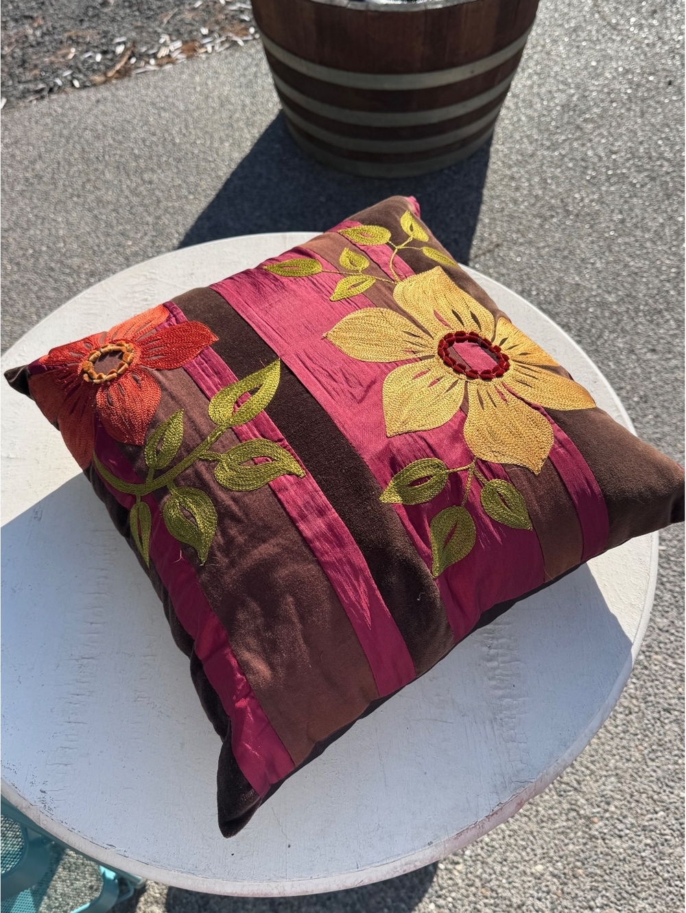 Pier 1 Embroidered Floral Throw Pillow Brown Burgundy Gold Boho Decorative